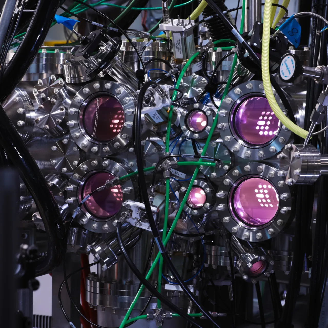 A scientific looking chamber with pink plasma light glowing out of it
