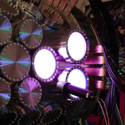 Pink light coming from three windows of a big chamber