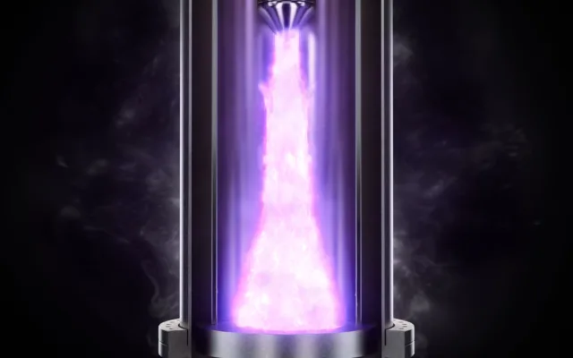 Zap Energy's fusion device generates a ring of purple-colored plasma that expands as it moves from the top of the computer-generated picture to the bottom.