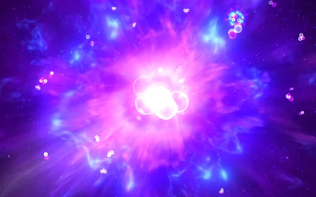Bright colored wisps of blue and pink showcase a world at the atomic level, at the center of which are circles representing nuclei that are fusing.