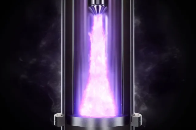 Zap Energy's fusion device generates a ring of purple-colored plasma that expands as it moves from the top of the computer-generated picture to the bottom.