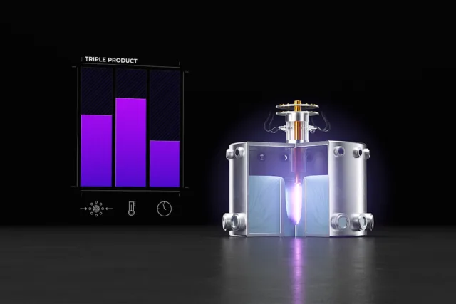 A graphic showing a bar chart of triple product measurements (density, temperature and time) sits to the left of a conceptual Zap Energy fusion device.