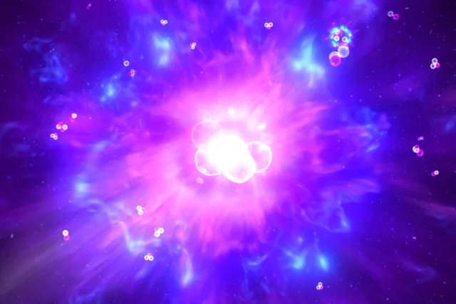 Bright colored wisps of blue and pink showcase a world at the atomic level, at the center of which are circles representing nuclei that are fusing.