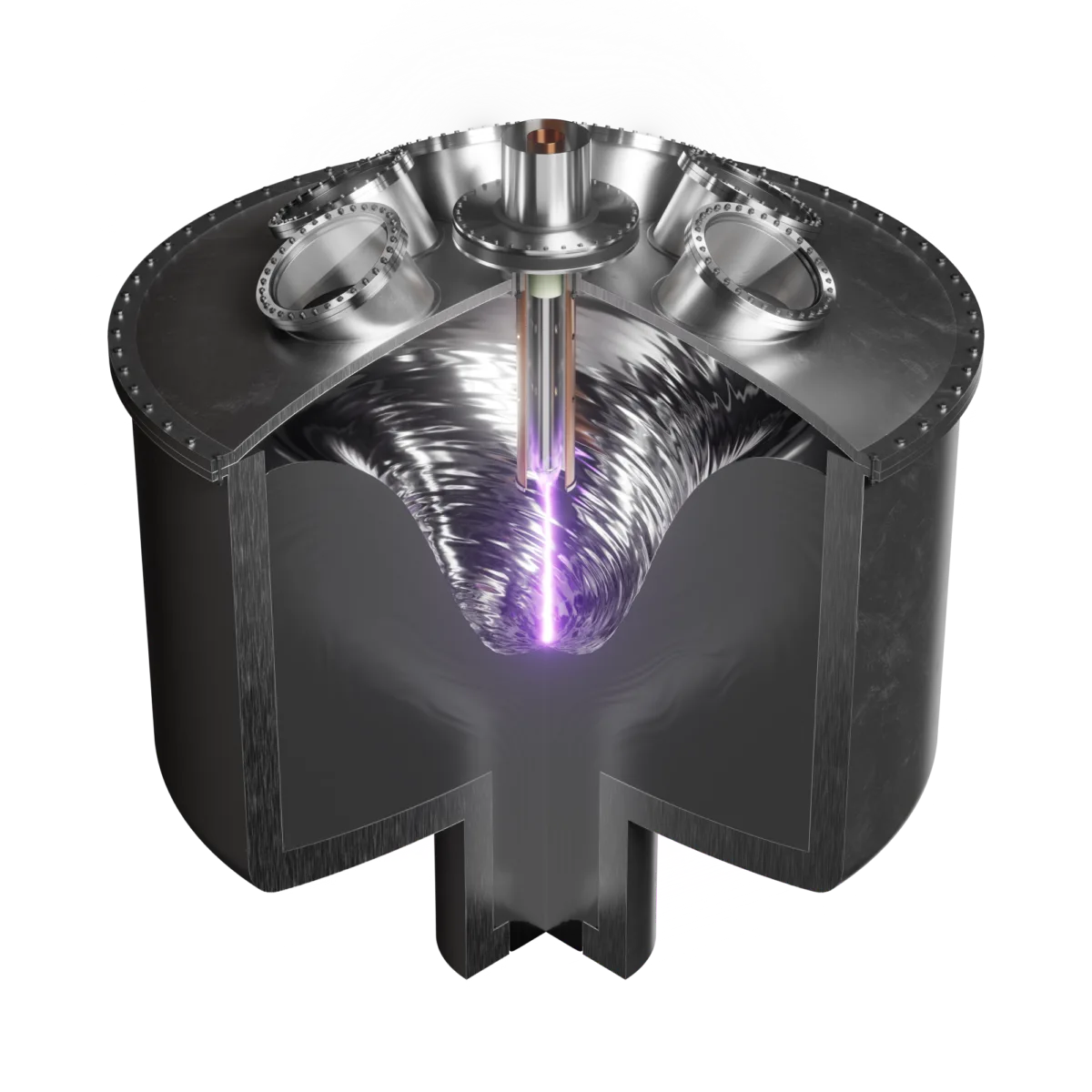 Animated image of Zap's fusion module, which looks like a big tank full of melted metal with whirlpool in the middle and a vertical line of plasma