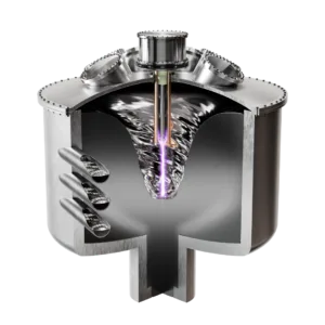 Animated image of Zap's fusion module, which looks like a big tank full of melted metal with whirlpool in the middle and a vertical line of plasma