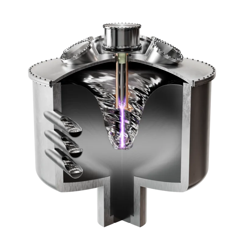 Animated image of Zap's fusion module, which looks like a big tank full of melted metal with whirlpool in the middle and a vertical line of plasma
